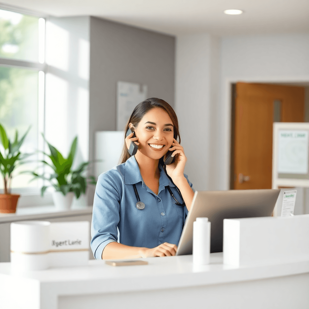 Friendly female receptionist at modern clinic front desk smiling warmly while talking on phone